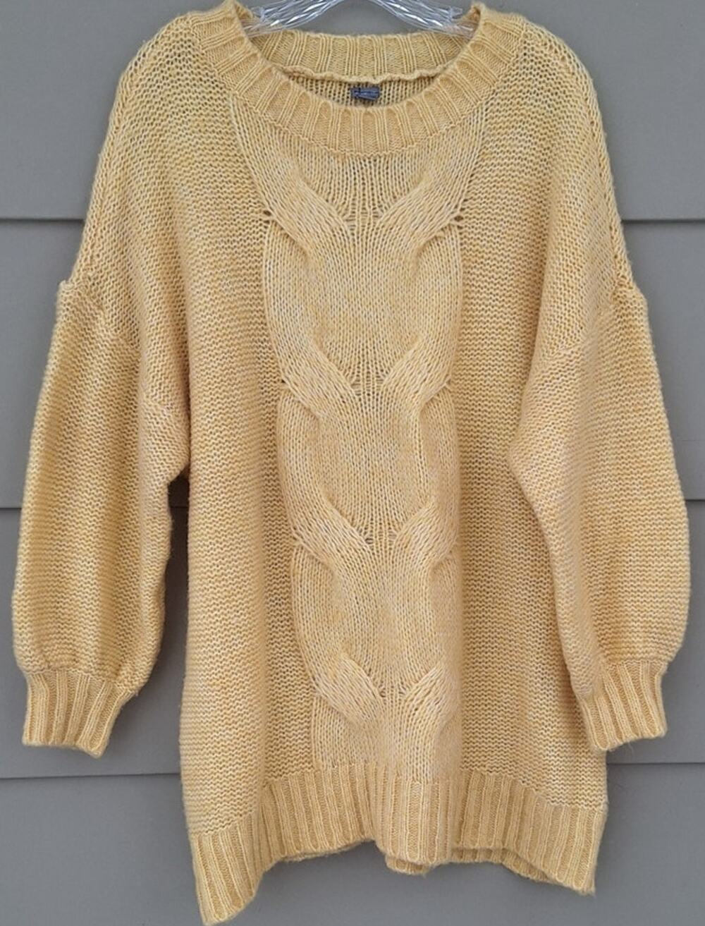 aerie Womens Wool Blend cable Knit Balloon Sleeves Sweater Tunic Spring Yellow L